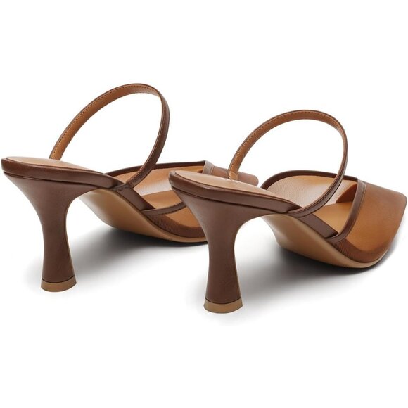 Women's Mesh Mule Brown Heels with Memory Foam Insole Pointy Toe Arch Support - Picture 3 of 4